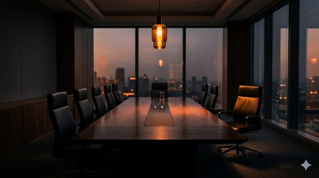 An empty boardroom at dusk — the room someone was supposed to be in.