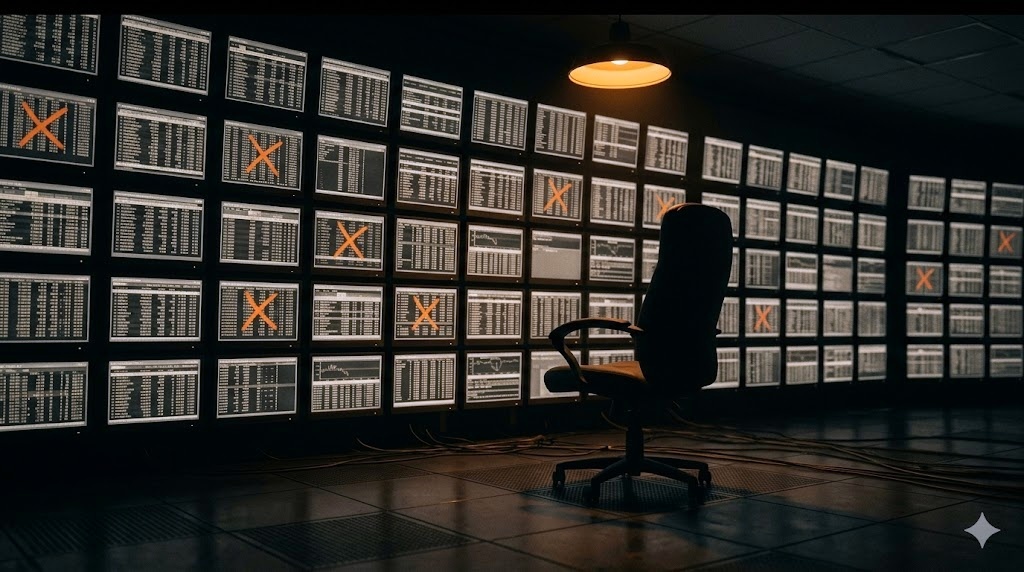 An empty corporate waiting room with rows of chairs.