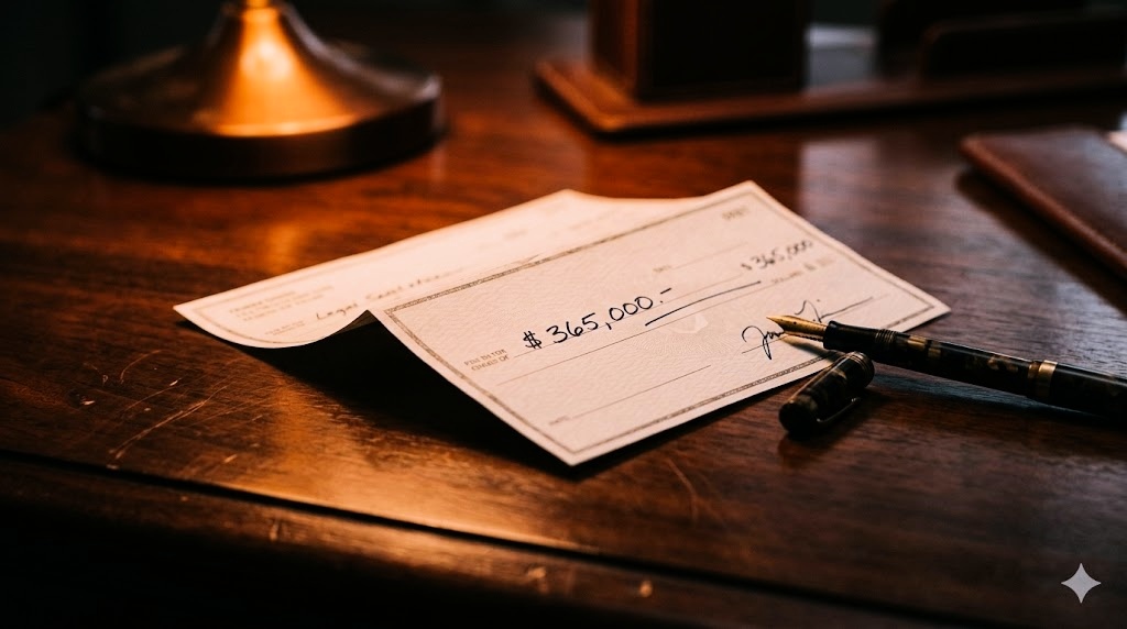 A $365,000 settlement check on a dark wood desk.