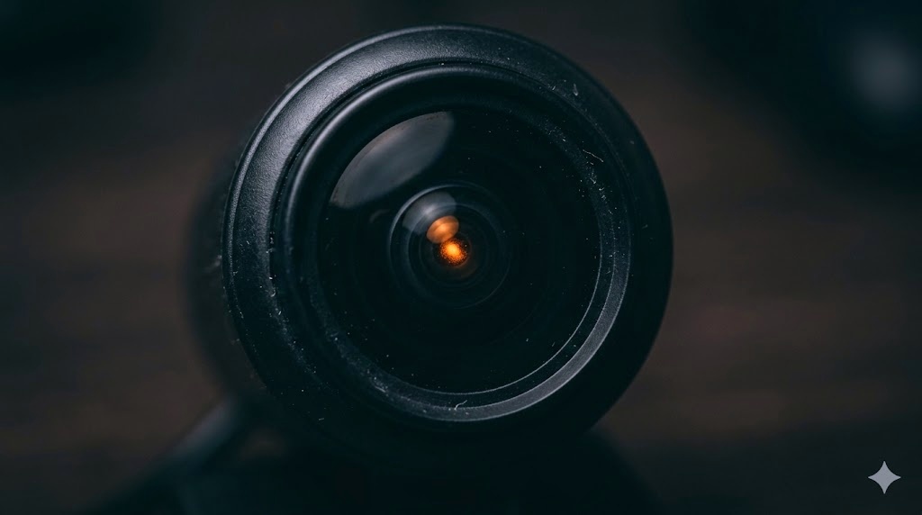 A dimmed monitor with a webcam mounted on top — the eye that was watching has been turned off.