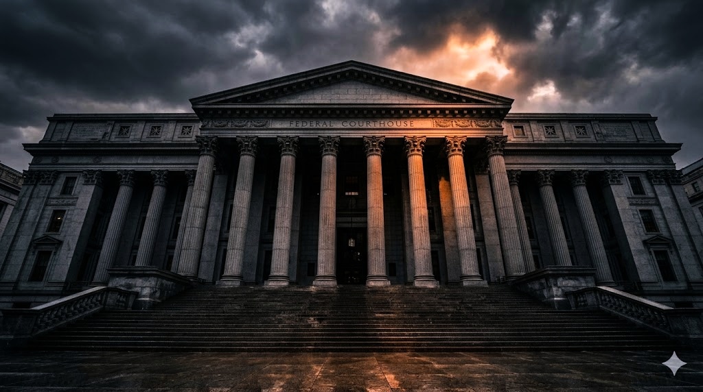 A federal courthouse façade at dawn, dark stormy sky breaking with amber light.