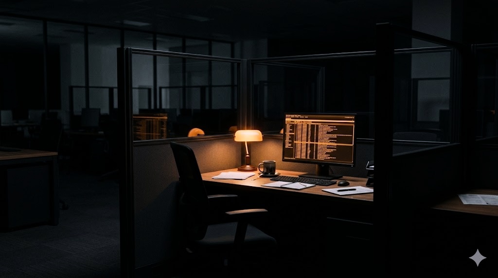 An empty office cubicle late at night, the screen showing rows of rejected applications.