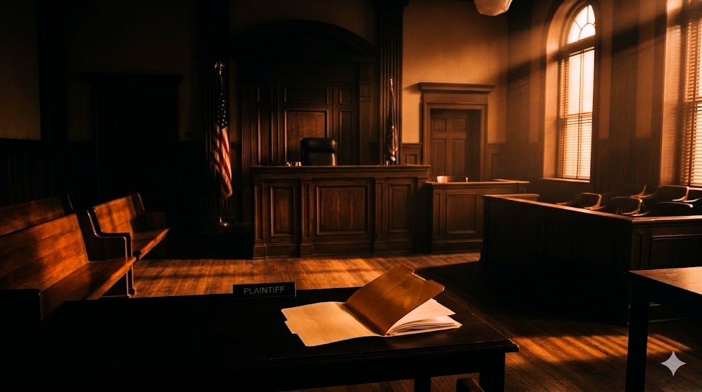 An empty courtroom with the plaintiff's file open on the table.