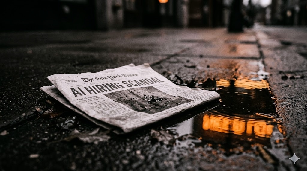 A crumpled newspaper on a wet sidewalk, the headline reading 'AI HIRING SCANDAL'.