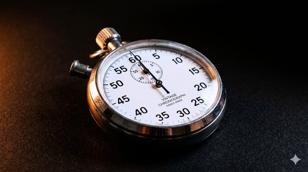 A vintage chrome chronograph stopwatch — 60 seconds.