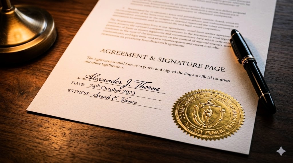 A signed legal document with an embossed gold notary seal.